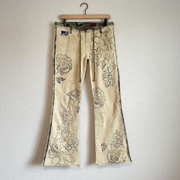Riley Pants Women 29 Beige Camo Patchwork Floral Print Flare Handmade USA Unique - Picture 1 of 9